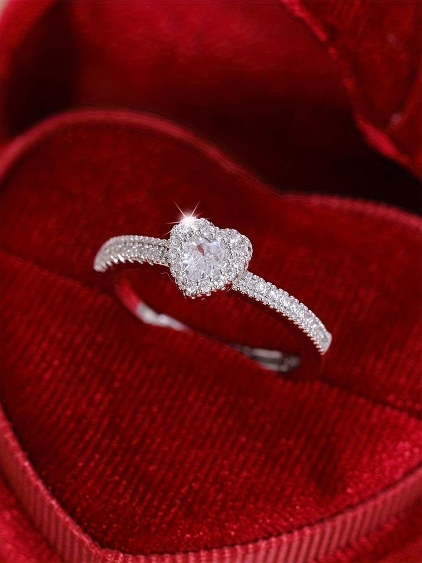1 PC Romantic Heart Cubic Zirconia Ring For Women For Wedding Engagement Anniversary Party Jewelry Valentine's Day Gift