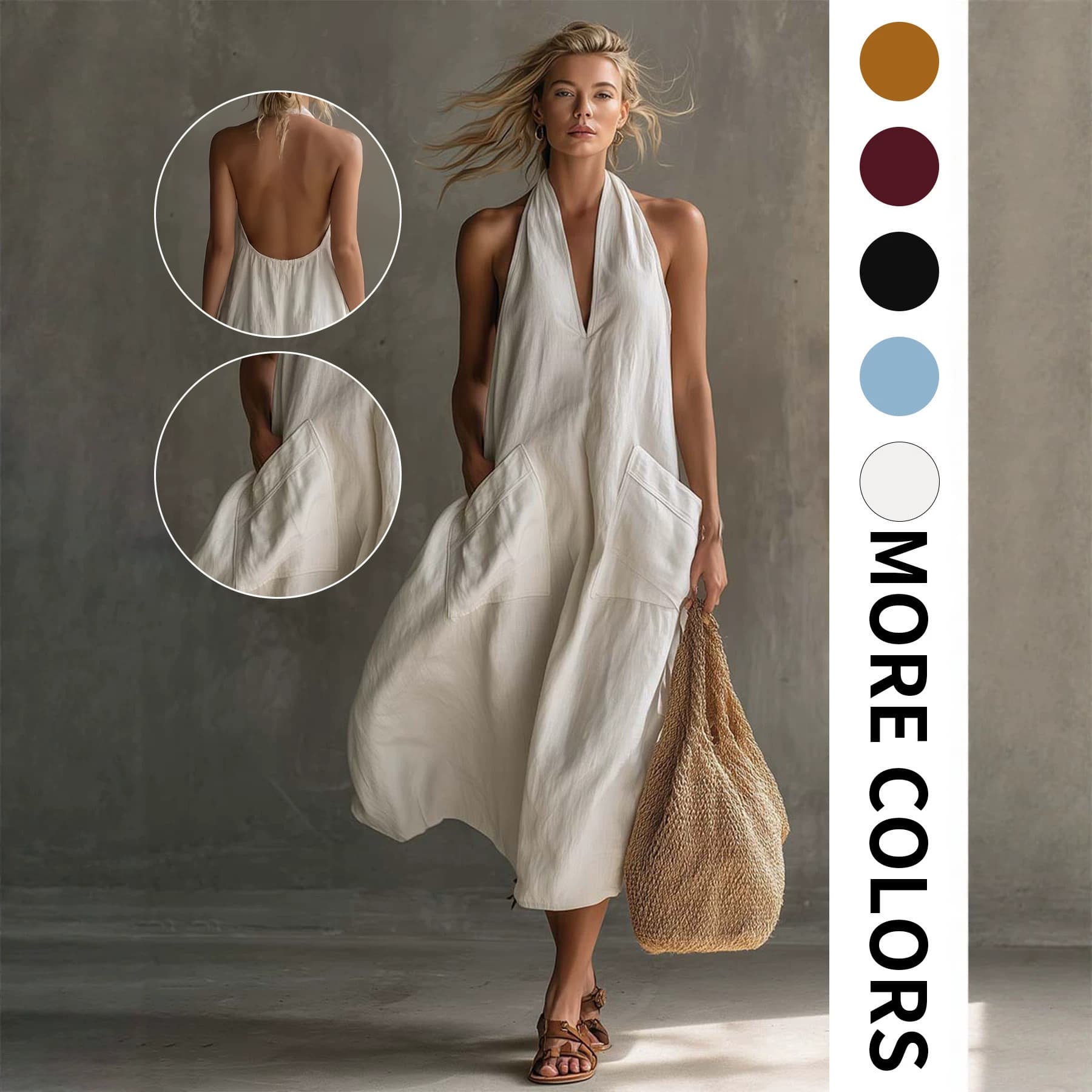 Women's Halter Neck V-Back Maxi Dress, Sleeveless Summer Casual Sundress With Side Pockets, Flowy Loose Fit Beach Dress