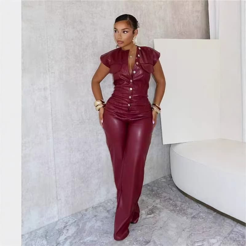 Women's PU Leather Sleeveless Jumpsuit – Slim-Fit High-Waisted Romper With Belt Detail (Crimson, S-2XL)