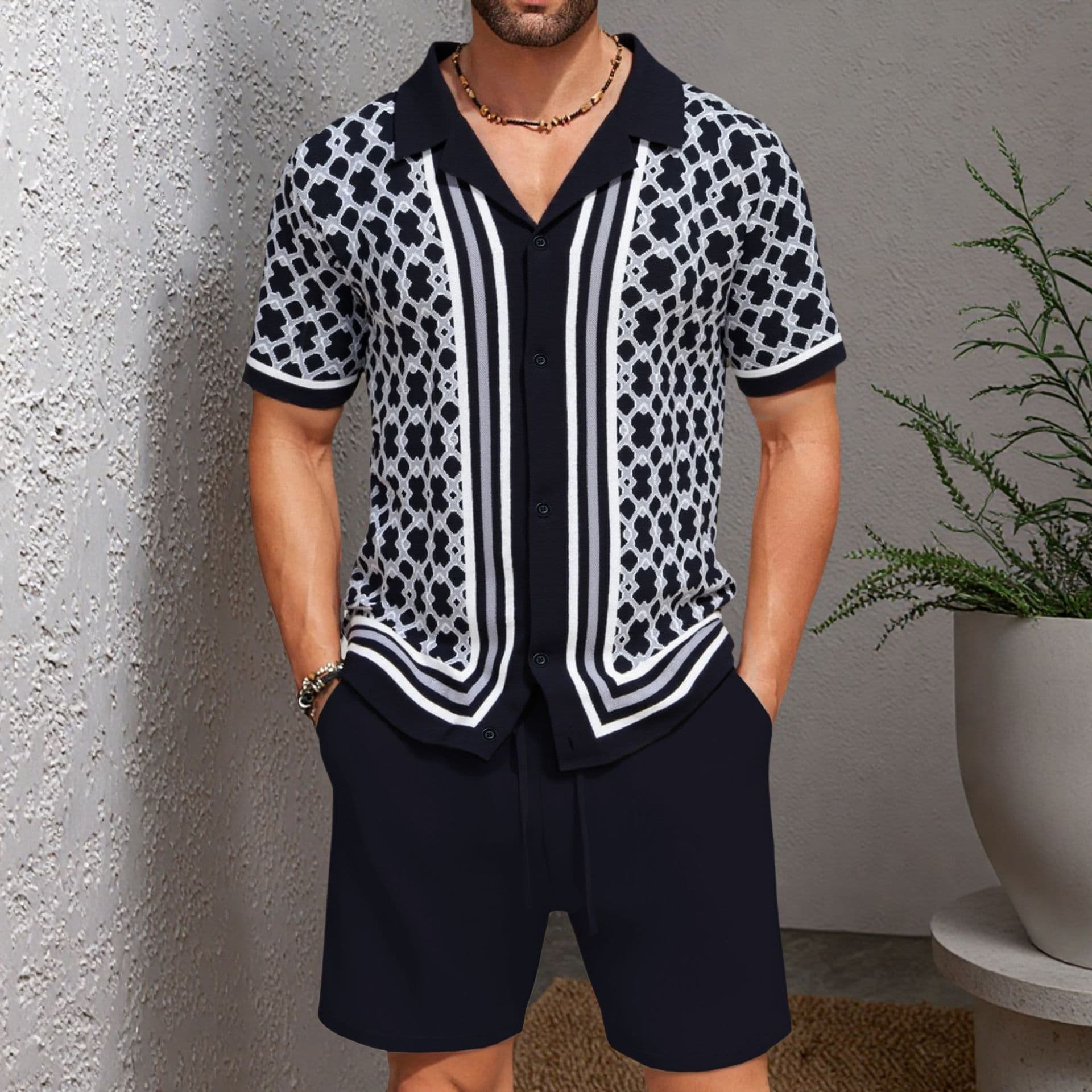 Men's Jacquard Sweater Short Sleeved Cuban Collar Knitted Shorts Suit