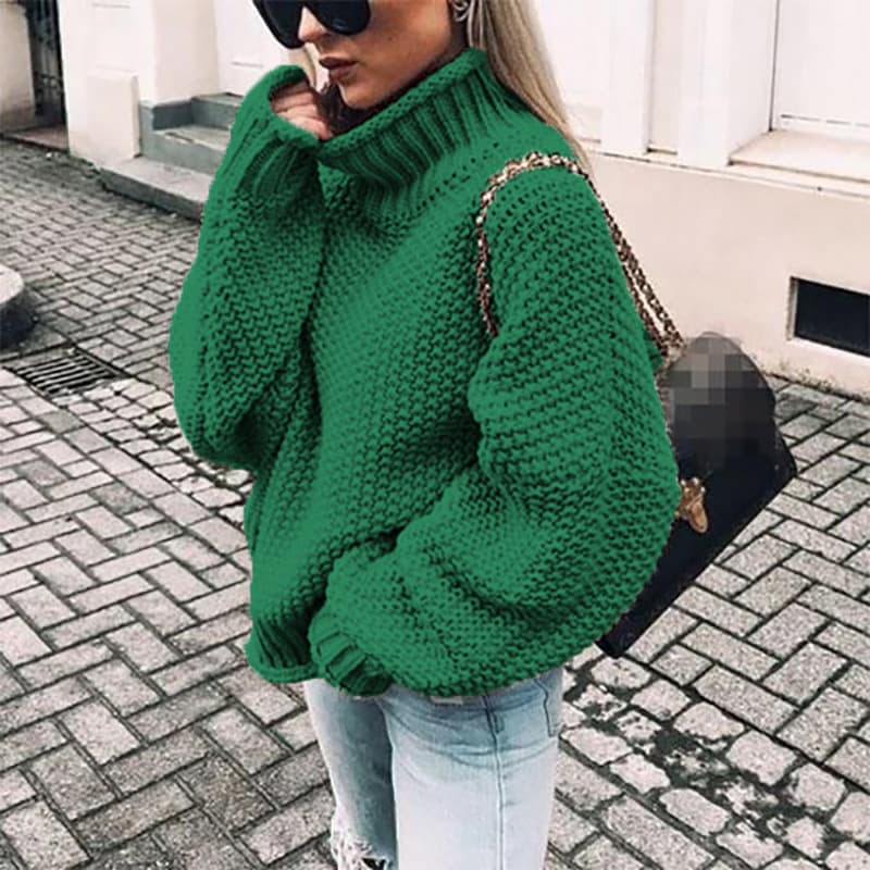 Women's Clothing Chunky Sweater With Rolled Hem And High Neck Bat-sleeve Sweater