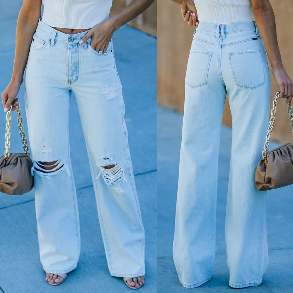 Women's Light Wash Distressed Denim Jeans - High Waisted Casual Ripped Jeans, Comfortable & Trendy For Everyday Wear