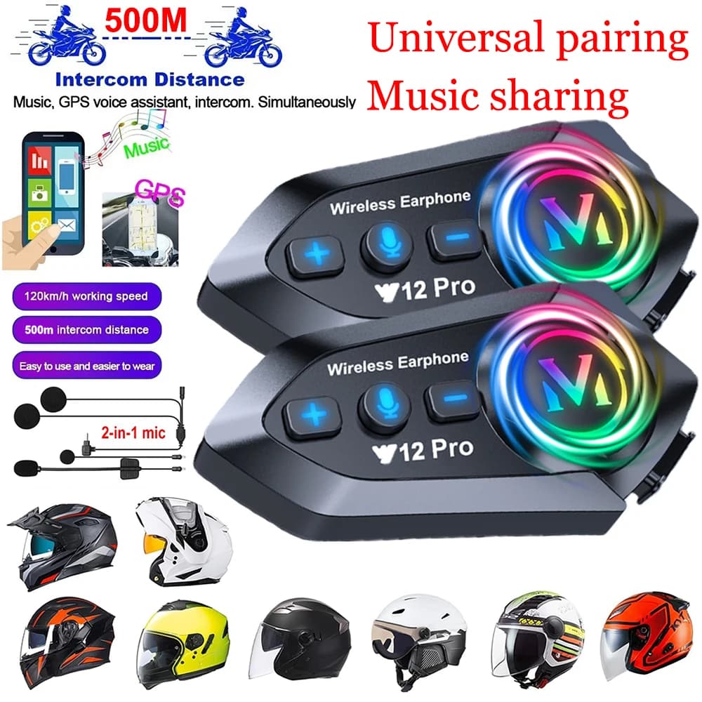 Music Interphone Dual Bluetooth 5.4 Motorcycle Helmet Intercom Headset Waterproof 500m Intercomunicador Speaker Earphone