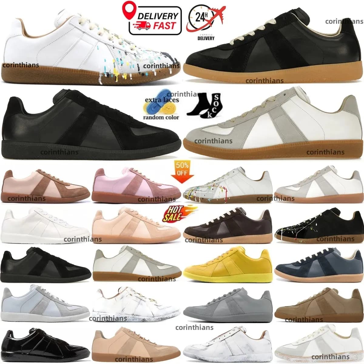 In-stock R Eplica Classic Margiela Training Shoes, Couple's Genuine Leather Casual Sneakers, Lace-up White Shoes