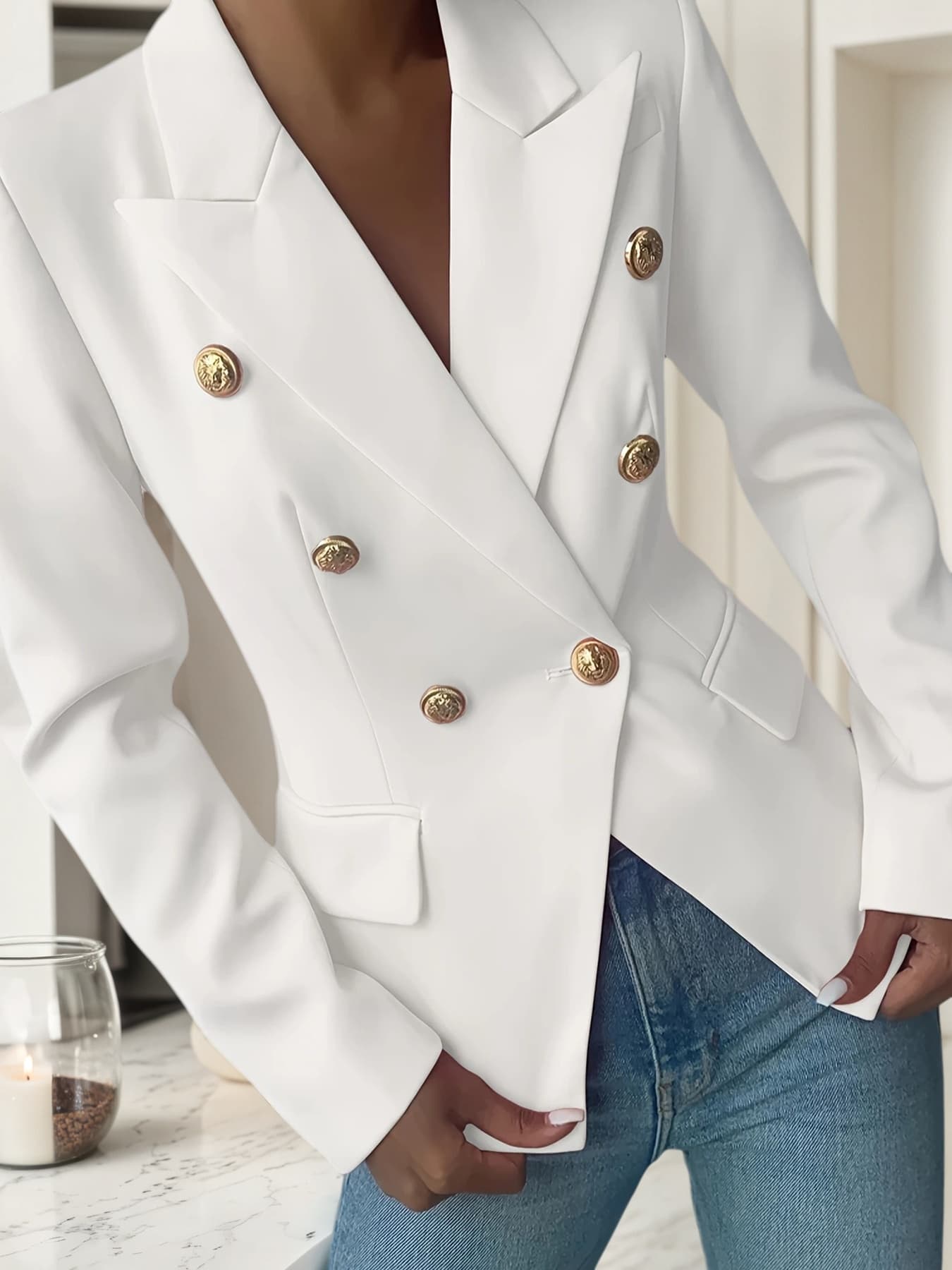 New Pure White Women's Elegant Double Breasted Lapel Long Sleeved Suit Jacket, High-Quality Classic Suit Jacket, Suitabl