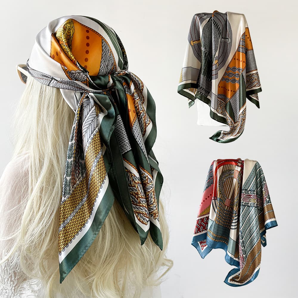90 Cm Large Square Satin Scarf For Women Printed Middle East Style Silk Shawl Headscarf