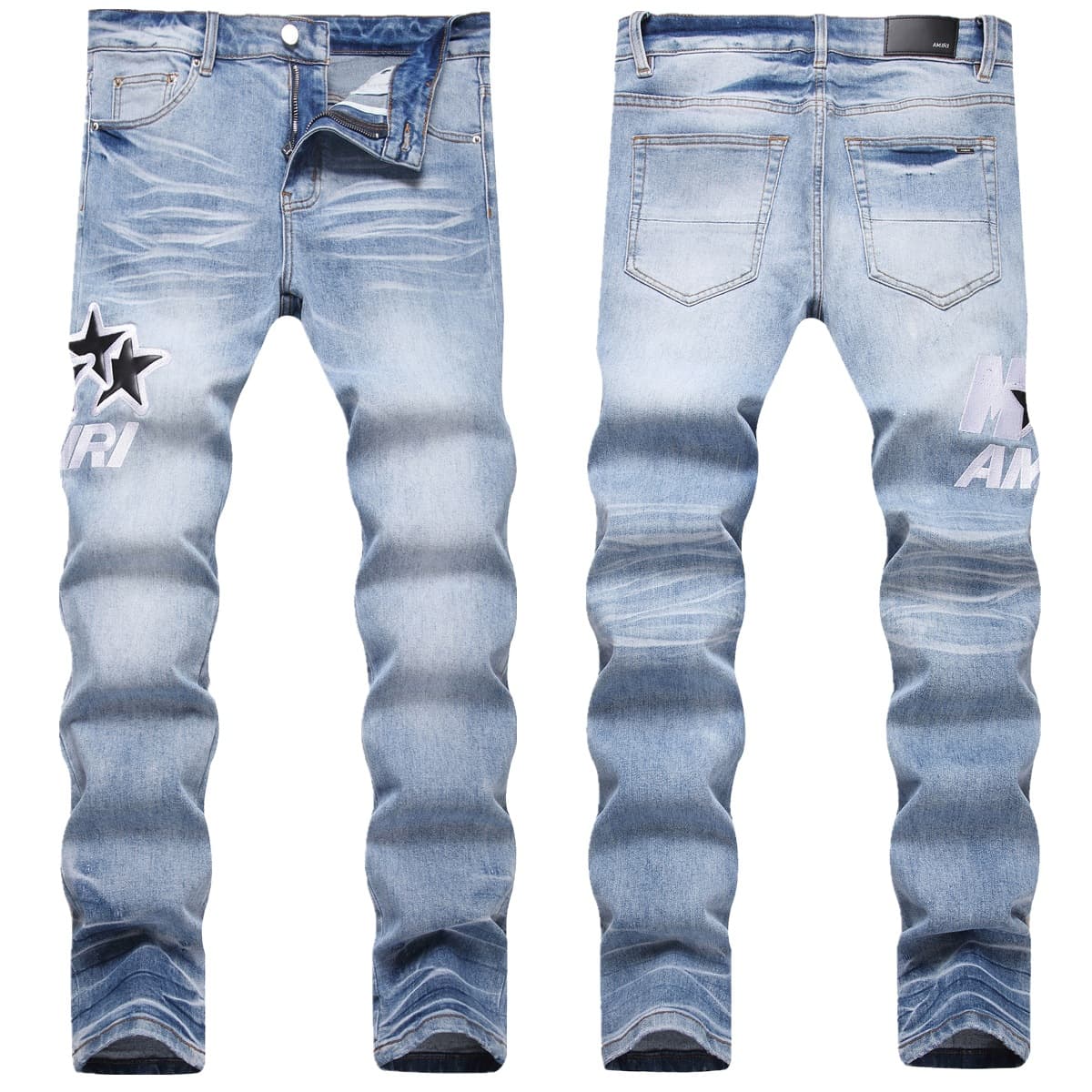 Pantalon long en denim skinny tendance et polyvalent, coupe slim, avec broderie bleue