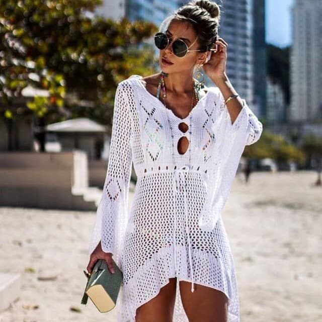Women's knitted trumpet sleeve beach cover-up holiday bikini cover-up
