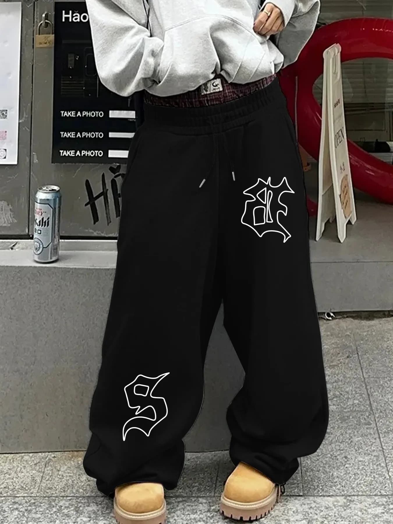 Pantalon de jogging unisexe ample à imprimé gothique avec cordon de serrage à la taille - Style Y2K, coupe décontractée, pour hommes et femmes