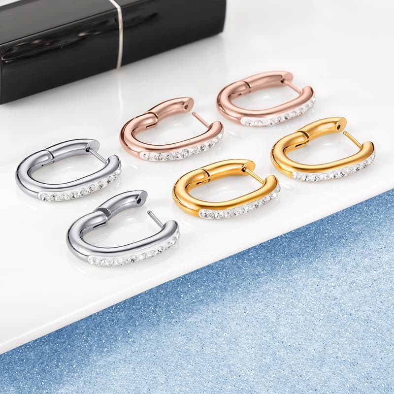 New all-match mud rhinestone easy-to-buckle stud earrings titanium steel earrings personality chic style female Oval stainless steel earrings