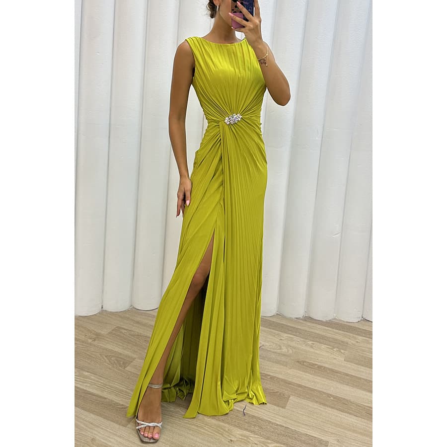 Women's Pleated Slit Casual Dress INS Sleeveless Fashion Dress Evening Dress