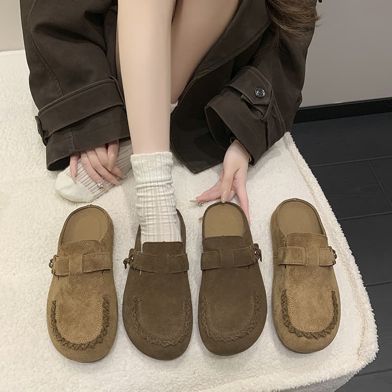 Women's Genuine Leather Birkenstock-Style Sandals - Slip-On Round-Toe Slide Sandals With Thick Rubber Sole, Comfortable Open-Back House Shoes