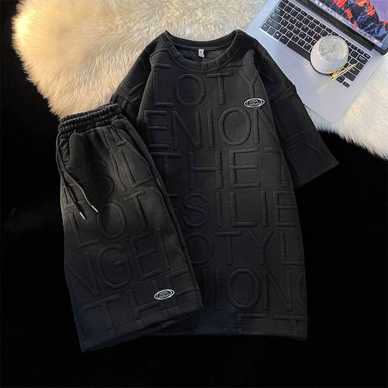 Men's Summer Casual Short Sleeve T-Shirt Set Cool Handsome Sports Leisure High End Wear In Black Gray White