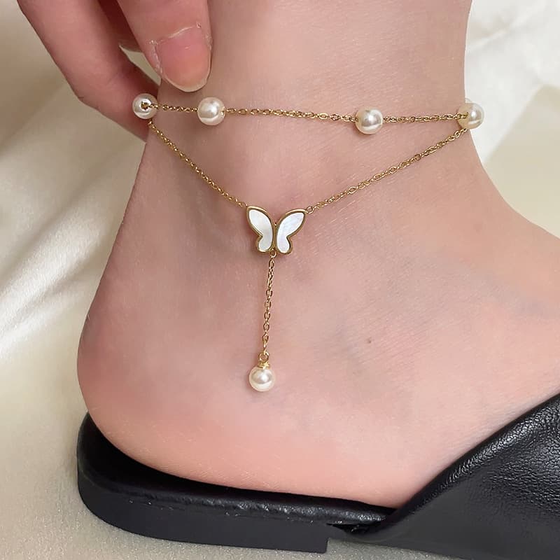 Double Layer Butterfly Pearl Titanium Steel Anklet For Women, 2025 New Design, Sexy Ankle Chain, Non-Fading Accessory