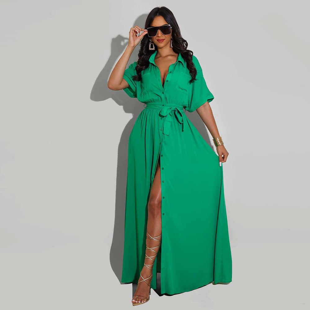 Women's fashion casual shirt with waistband, solid color, loose fitting large shirt and dress