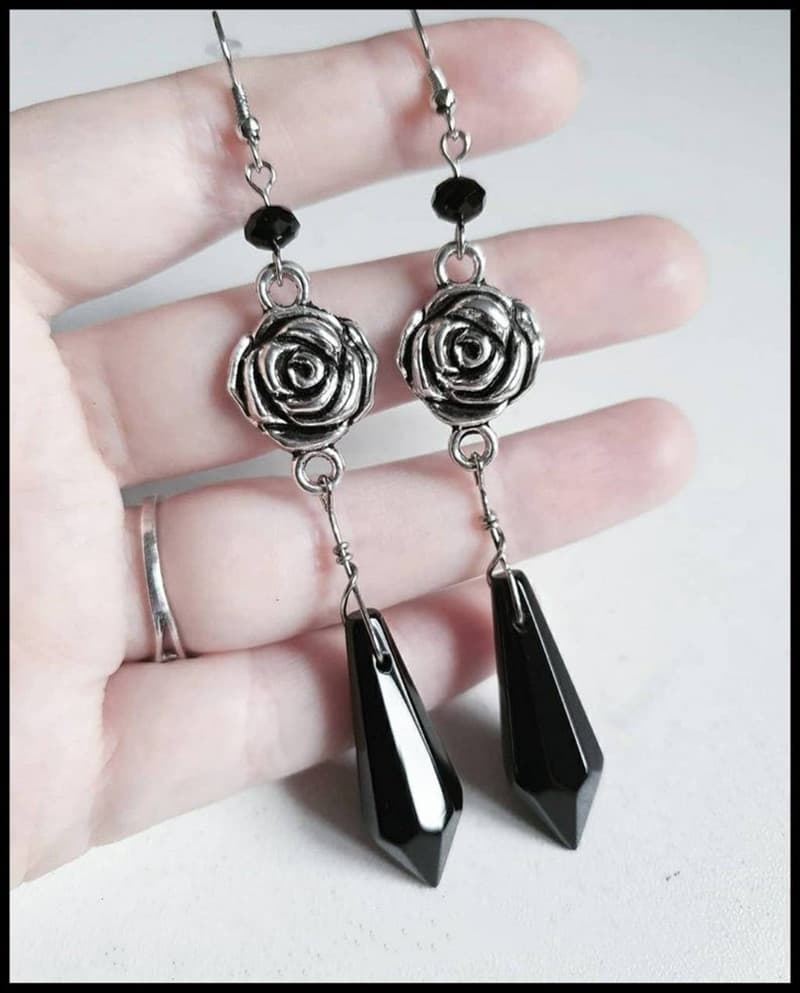Jewelry & Accessories Gothic Victorian Rose Black Glass Dangling Earrings