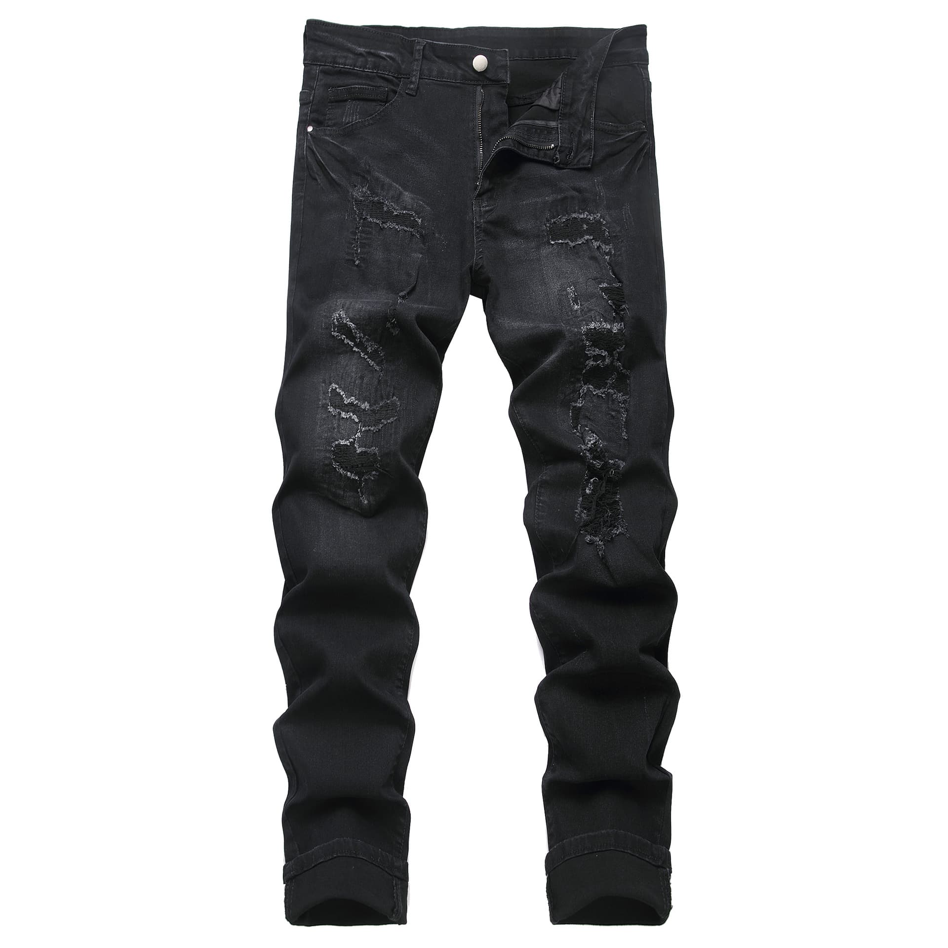 Men's Clothing Embroidered Denim Black Slim Fit Embroidered Ripped Jeans - Distressed Black Denim Pants With Artistic Stitching & Stretch Comfort