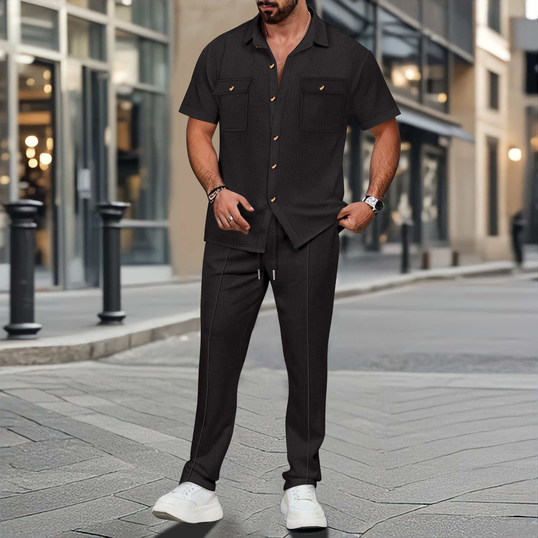 Men's Summer Shirt Set European American Style Solid Color Button Pocket Short Sleeve Two Piece Outfit