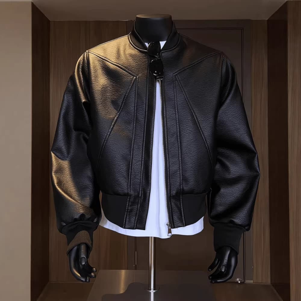 Men's Black Style Baseball Collar Leather Jacket Spring Cool Stylish Windproof Boxy Silhouette Couple's Motorcycle Jacket