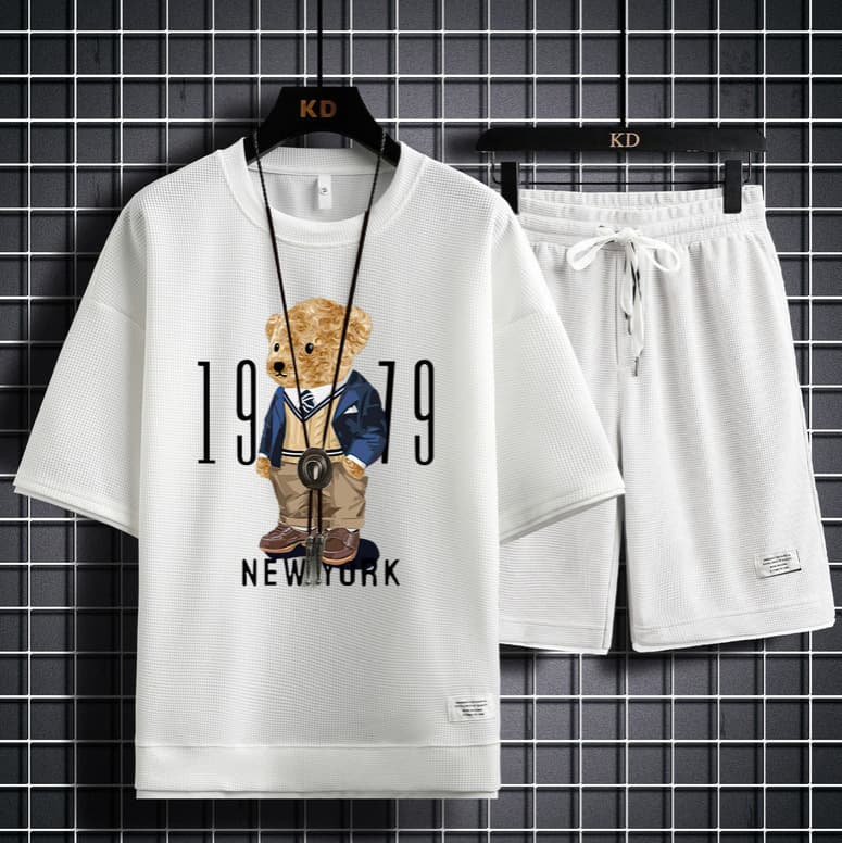 Mother & Kids Spring/Summer Waffle T-Shirt With Hands In Pockets Bear Print Short Sleeved Shirt And Shorts Set For Young Boys 8-16 Years
