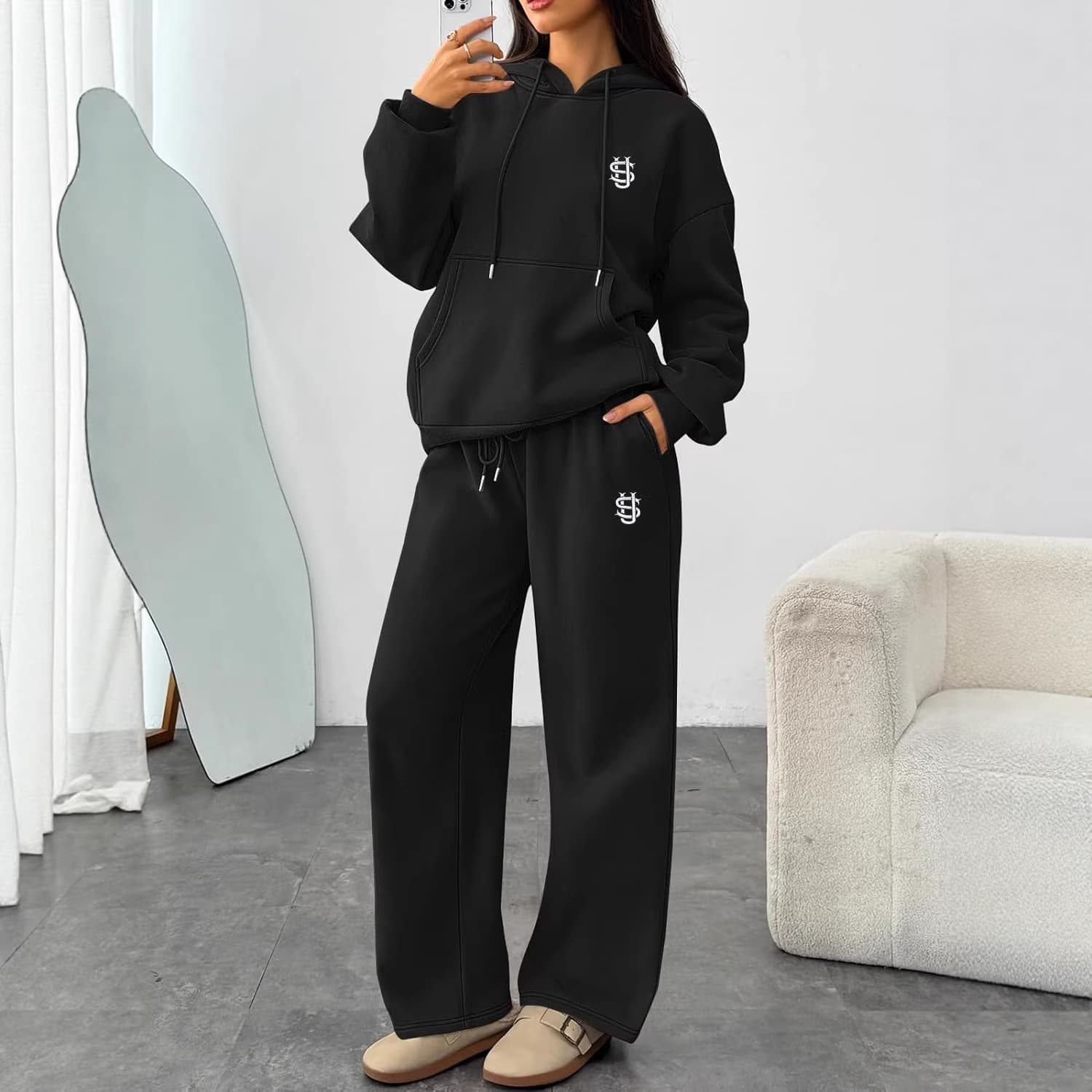 Trendy Coin Print Hoodie & Wide-Leg Pants Set – Streetwear Loungewear For Men & Women Relaxed Wide-Leg Fit
