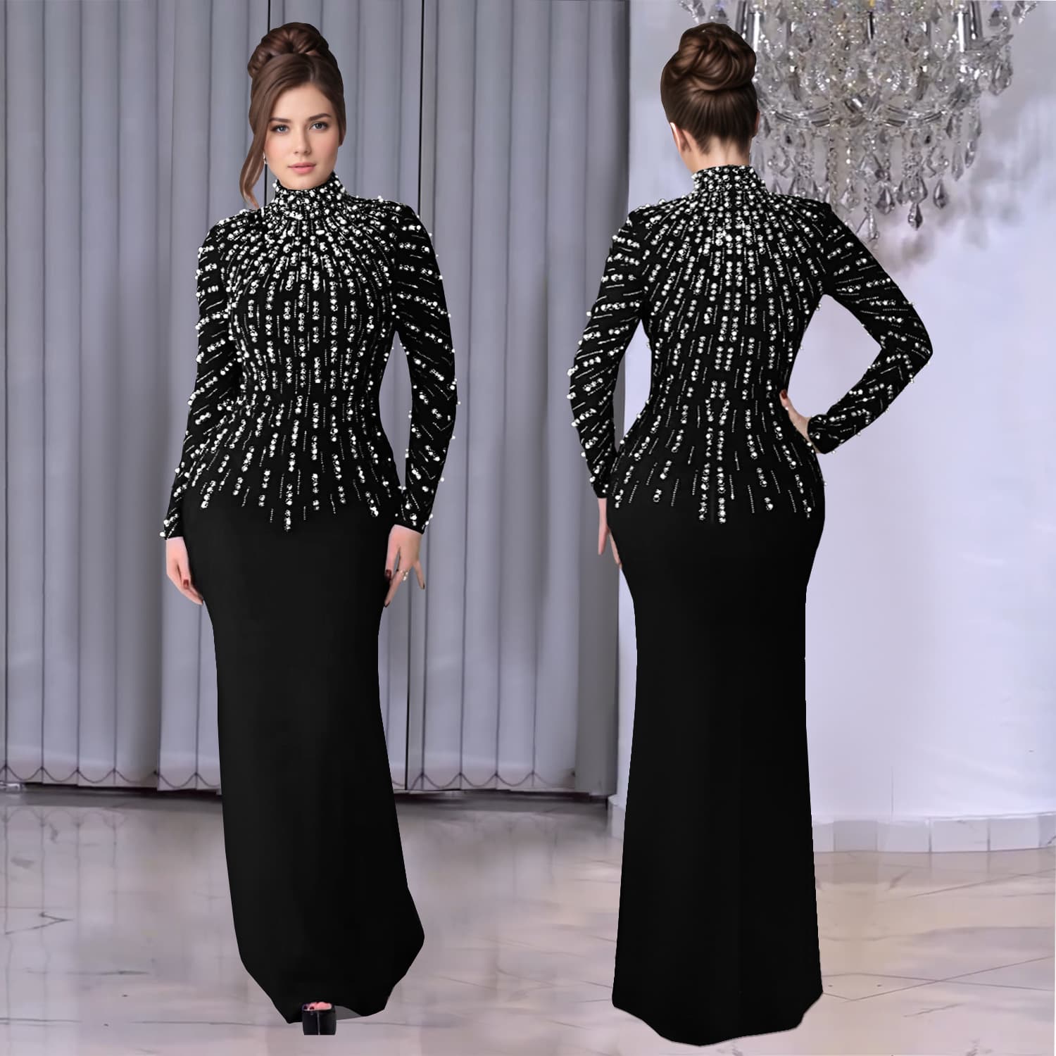 Women's Clothing Elegant Long Sleeve Beaded & Crystal Embellished Bodycon Dress For Women – High Neck, A-Line Hem, Glamorous Evening & Office Wear