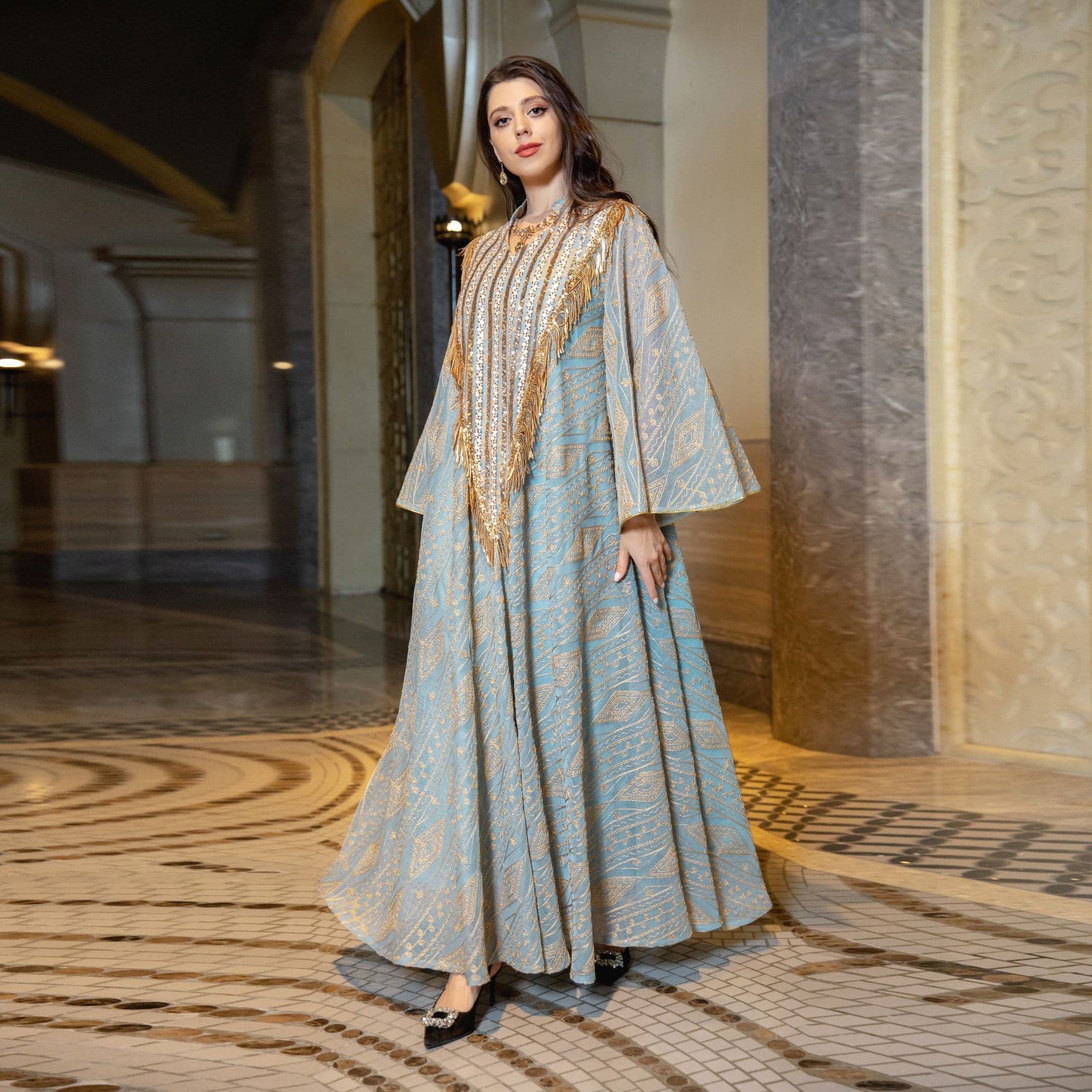 Women's Clothing Muslim evening dress dress mesh embroidered sequined robe Middle Eastern women's clothing