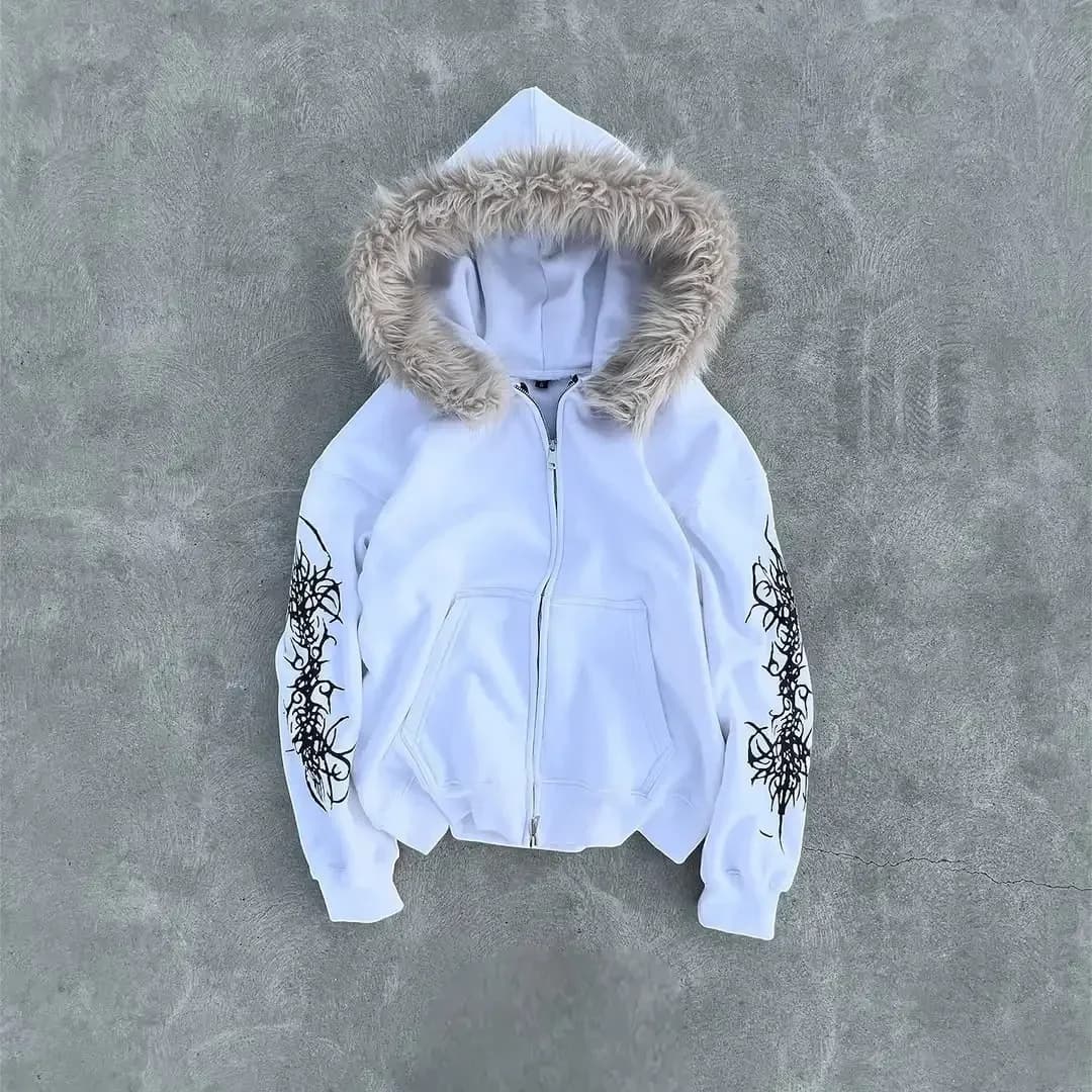 Edgy Print Hooded Cardigan – Oversized Zip-Up Streetwear (Black/White, S-XXXL)