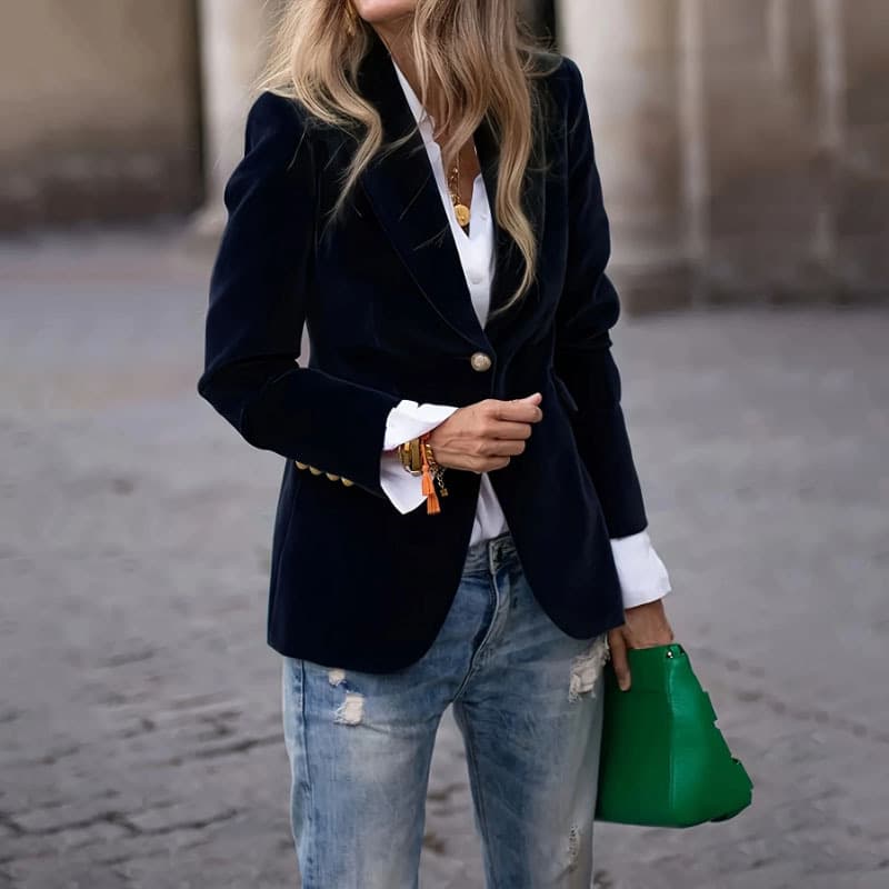 Vêtements pour femmes - Blazer élégant en velours pour femme - Coupe ajustée - Veste de tailleur à un bouton (Disponible en 6 couleurs)
