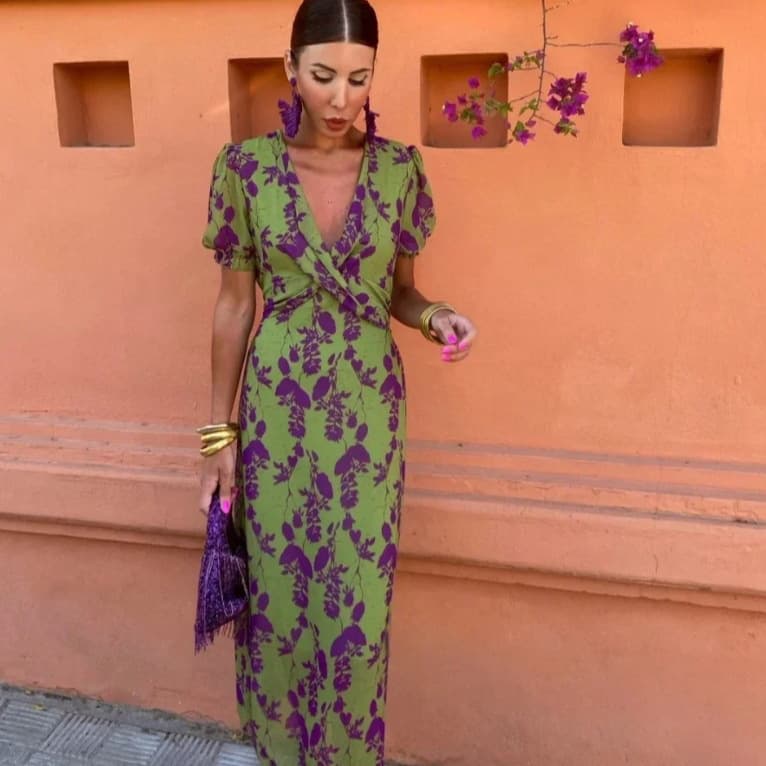 Women's Clothing Fashion Pleated Printed Long Skirt Elegant Slim V Neck Short Sleeve Dress