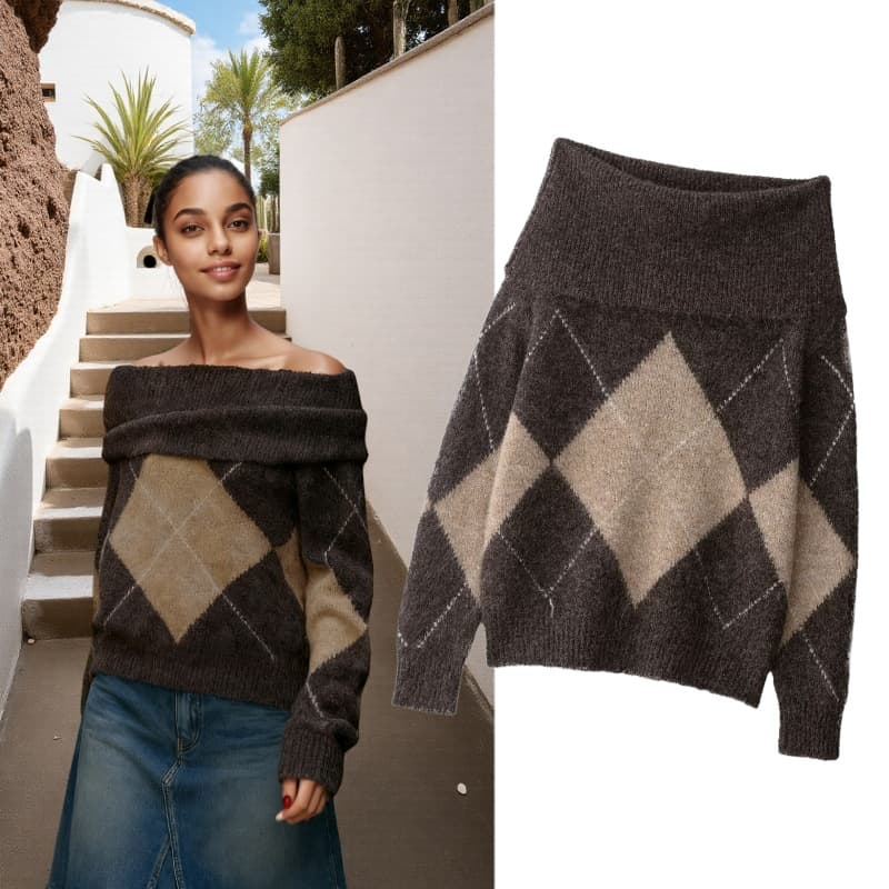 Off-Shoulder Diamond Knit Sweater – Trendy One-Shoulder Pullover For Women (As Pictured, S/M/L)