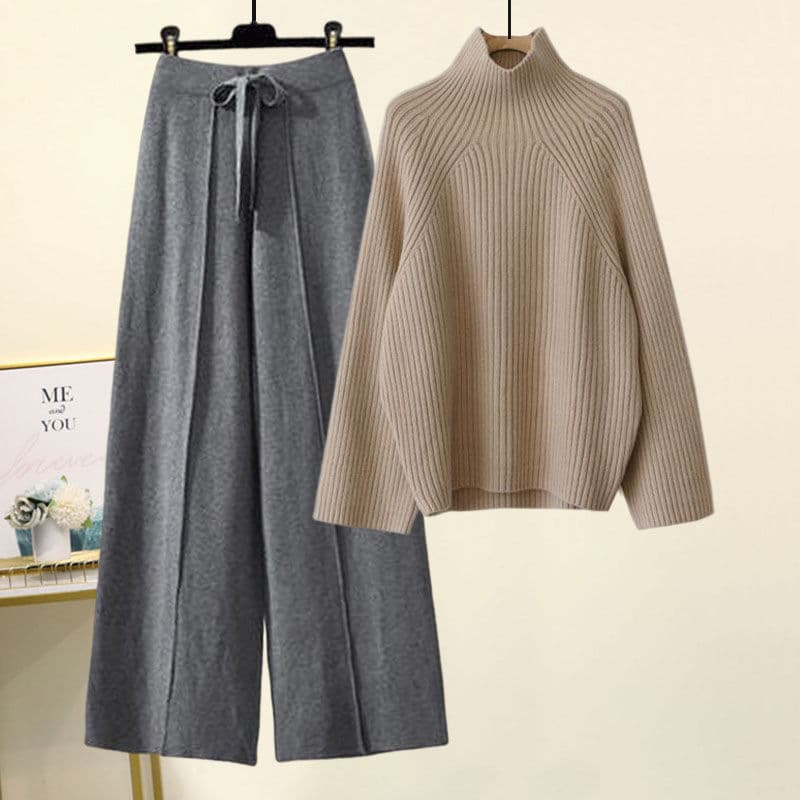 Ensemble coréen oversize en maille – Pull à grosses torsades et pantalon fluide à jambes larges, tenue d'hiver décontractée à col montant (Be