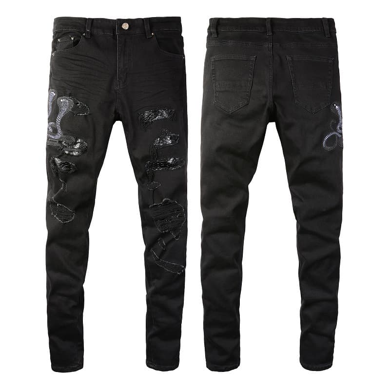 Men's Clothing Washed Cat Whisker Wrinkled Hole Snake Black Elastic Slim Fit Skinny Jeans Jeans