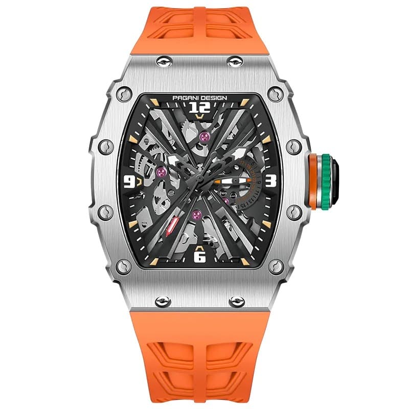 Men's Quartz Watch Large Tonneau Shaped Dial Waterproof Skeleton Design