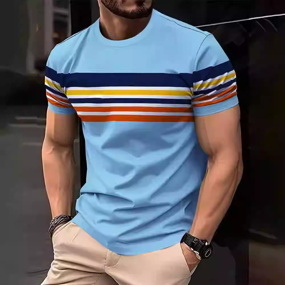 Men's Clothing Short Sleeved T Shirt 3D Printing Process Loose Stripes T-Shirts