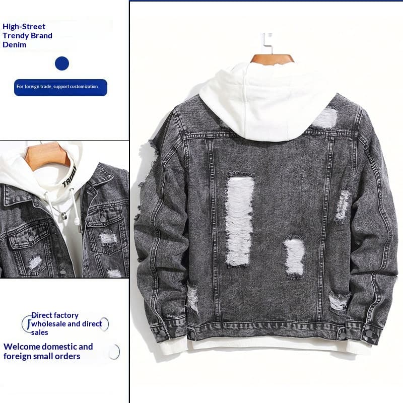 Denim Autumn Korean Style Trendy Ins Versatile Handsome Loose Casual Ripped Jacket Men's Clothing