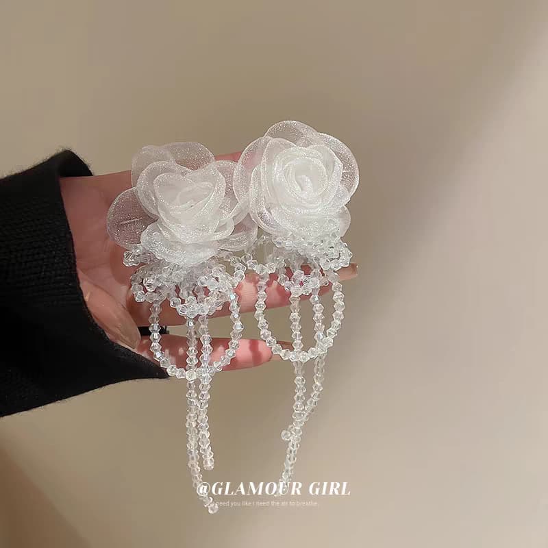 Unisex White Organza Flower Crystal Tassel Earrings New Style Trendy Long Niche Temperament Versatile Earrings For Women