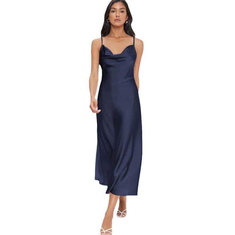 Women's 2025 Spring/Summer New Satin Strap Deep V-neck Slim Fashion Solid Color Dress