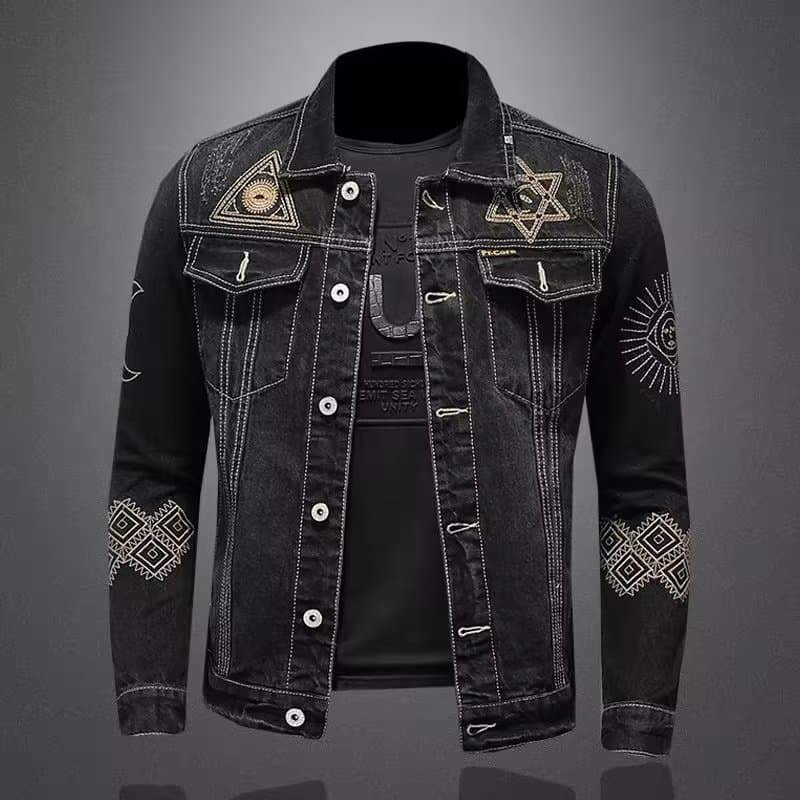 Suitable For All Seasons Trendy Embroidered Turn-down Collar Denim Jacket For Men, New Autumn Winter Street Style Casual Loose Workwear Coat