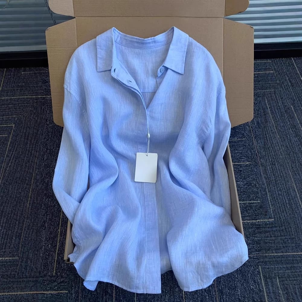 French Style Linen-Blend Blue Shirt For Women - Vintage Loose Fit Long Sleeve Casual Top With Sun Protection