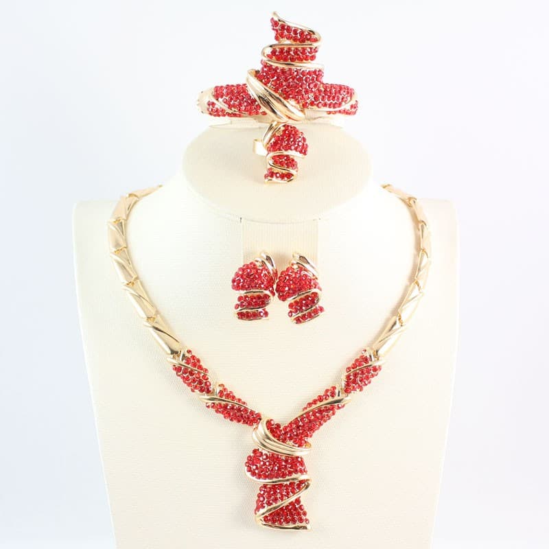 Fashion Women Gold Colors Crystal Dubai Wedding Party Necklace Earring Bangle Ring Jewelry Set With Gift