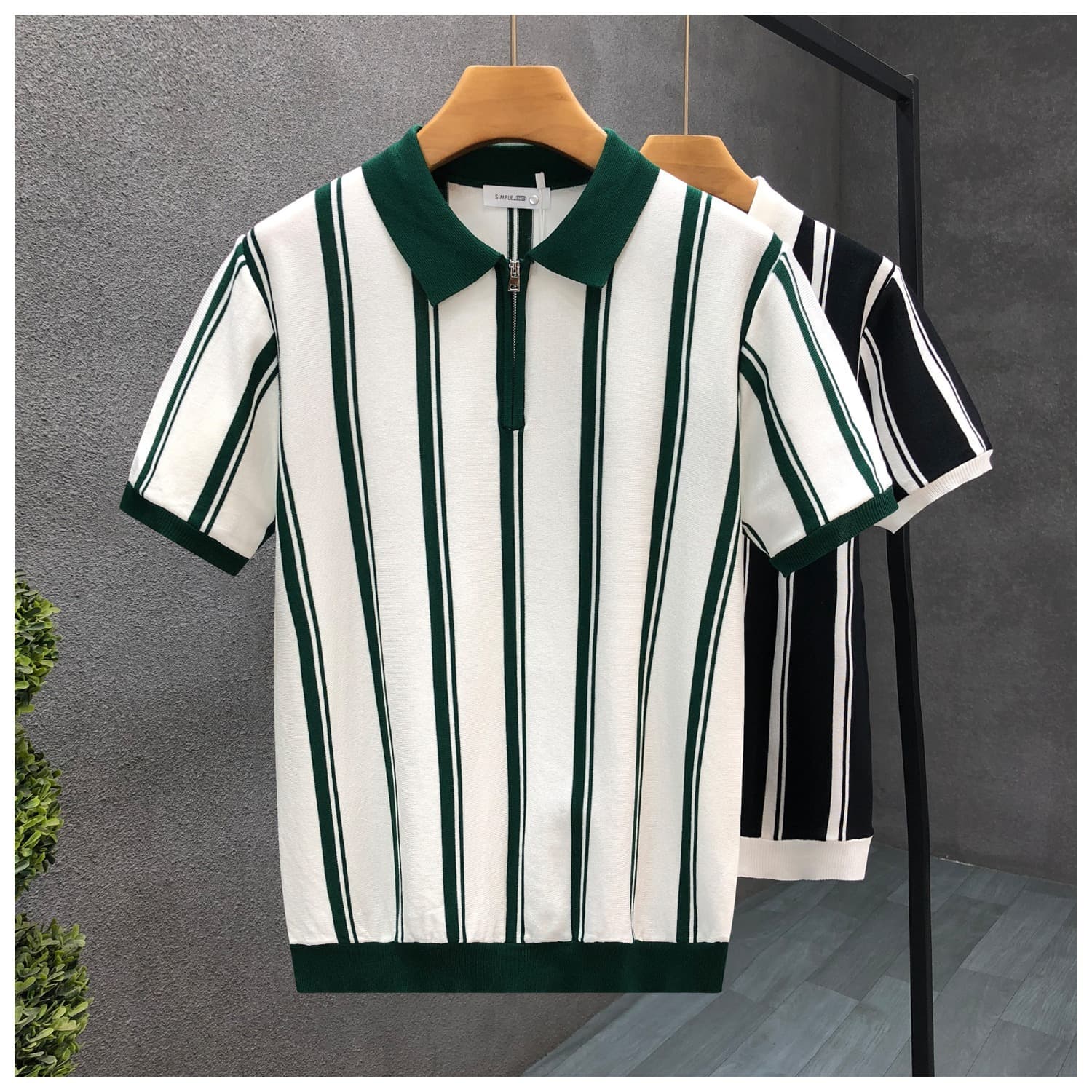 Polo rayé à demi-zip pour homme – Haut tendance à manches courtes et couleurs contrastées (Blanc/Noir, S-XXXXL)
