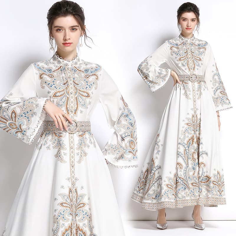 Women's Vintage High Hem Long Skirt Positioning Print Long Sleeve Flare Sleeve V Neck Wrap Style Waist Slim Dress