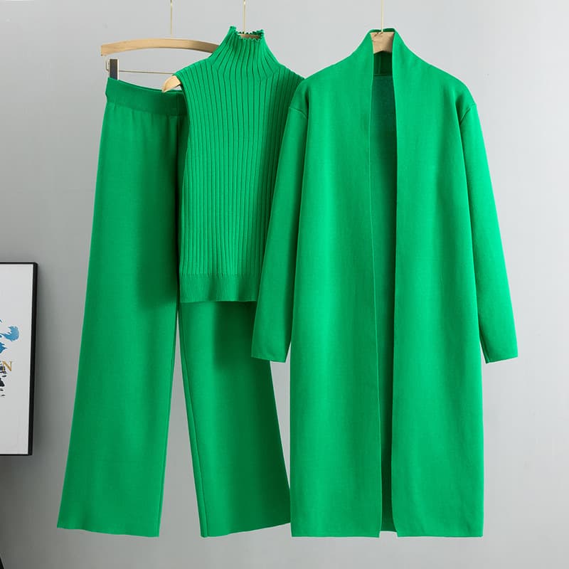 New Lazy Temperament Knitted Suit Sleeveless Vest Sweater Cardigan Pants Three Piece Set