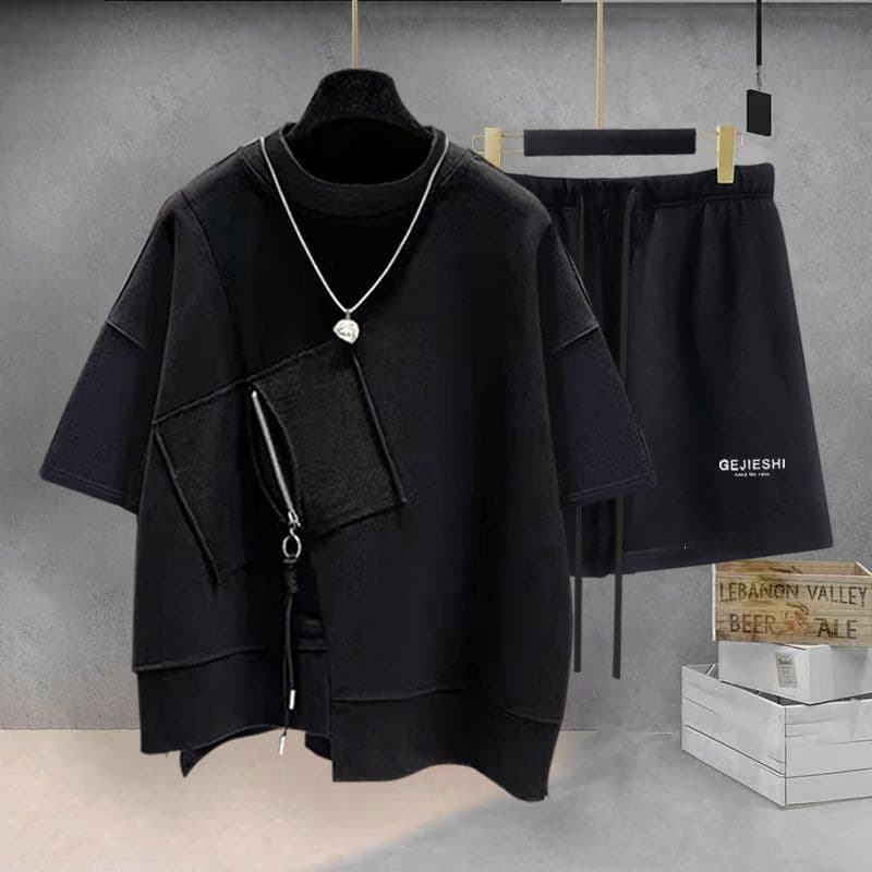 Men's Summer Short Sleeve T-Shirt Set With Zipper Detail Solid Color Casual Basic Regular Fit Polyester Shorts Matching