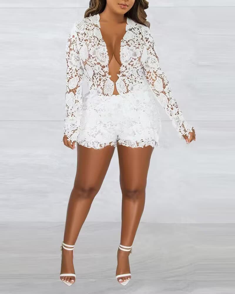Women's clothing Fashion Women's Hollow Solid Color Shirt Long Sleeve Shorts Two-piece Set