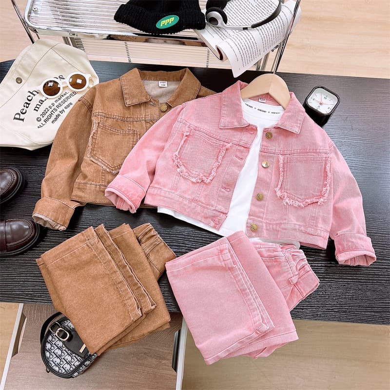 Toddler Girls Clothing Spring And Autumn New Style Suit Middle And Large Children's Fashionable Denim Jacket And Wide Leg Pants Two Piece Suit