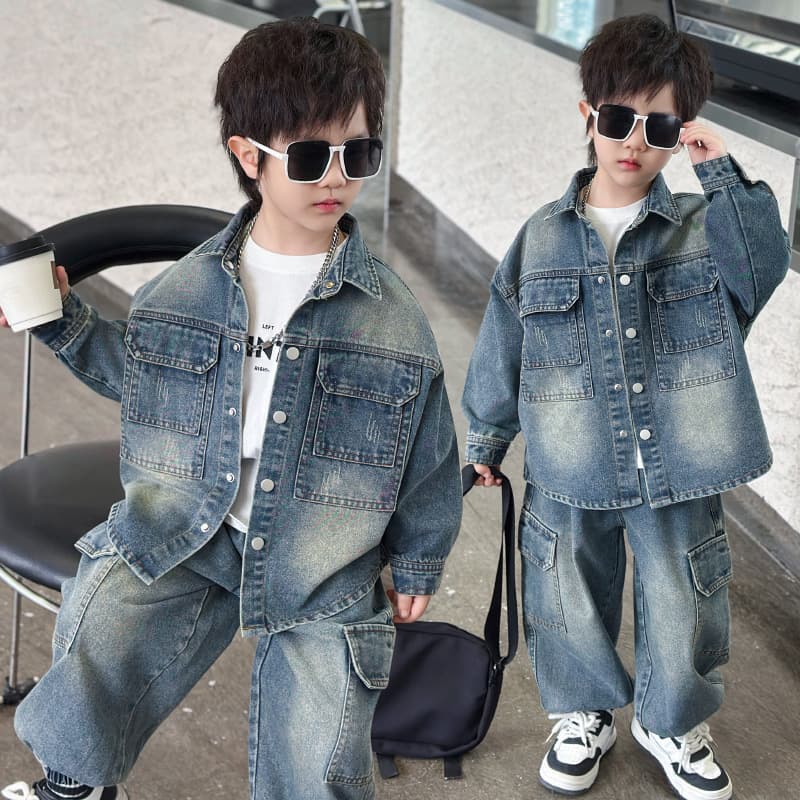 Kids' Denim Two-Piece Set - Loose Retro Style Spring/Fall Outfit, Trendy Korean-Inspired Suit For Boys
