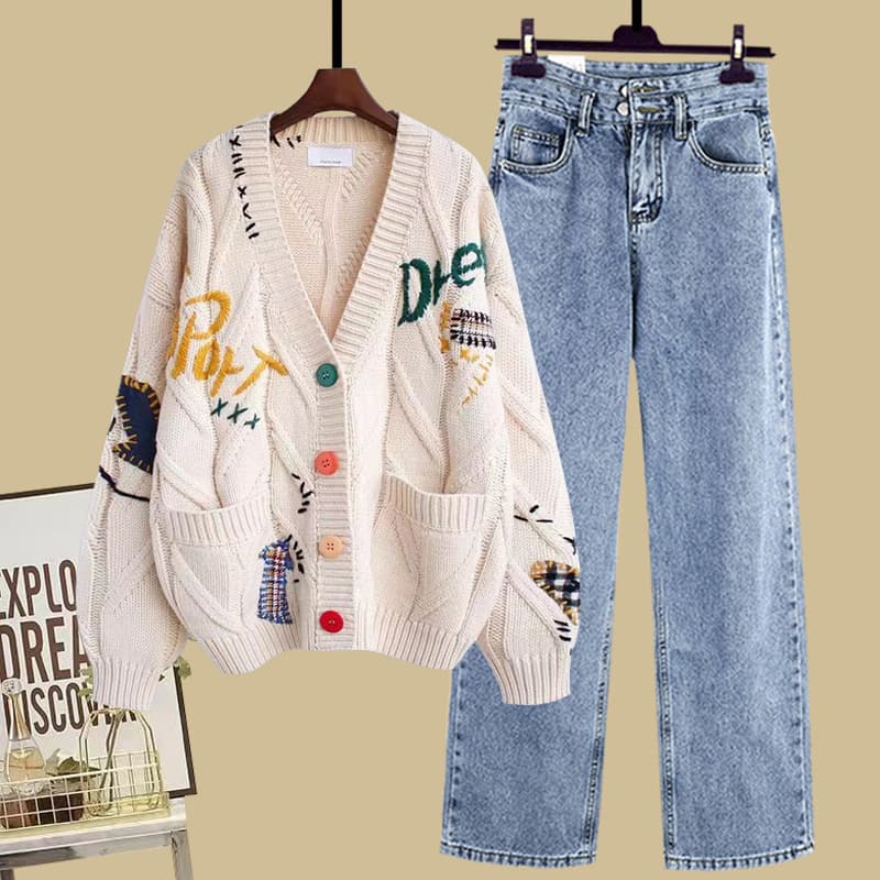 Women's Clothing Autumn Chic College Style Knitted Cardigan With Straight Slim Wide Leg Pants High Waist Jeans