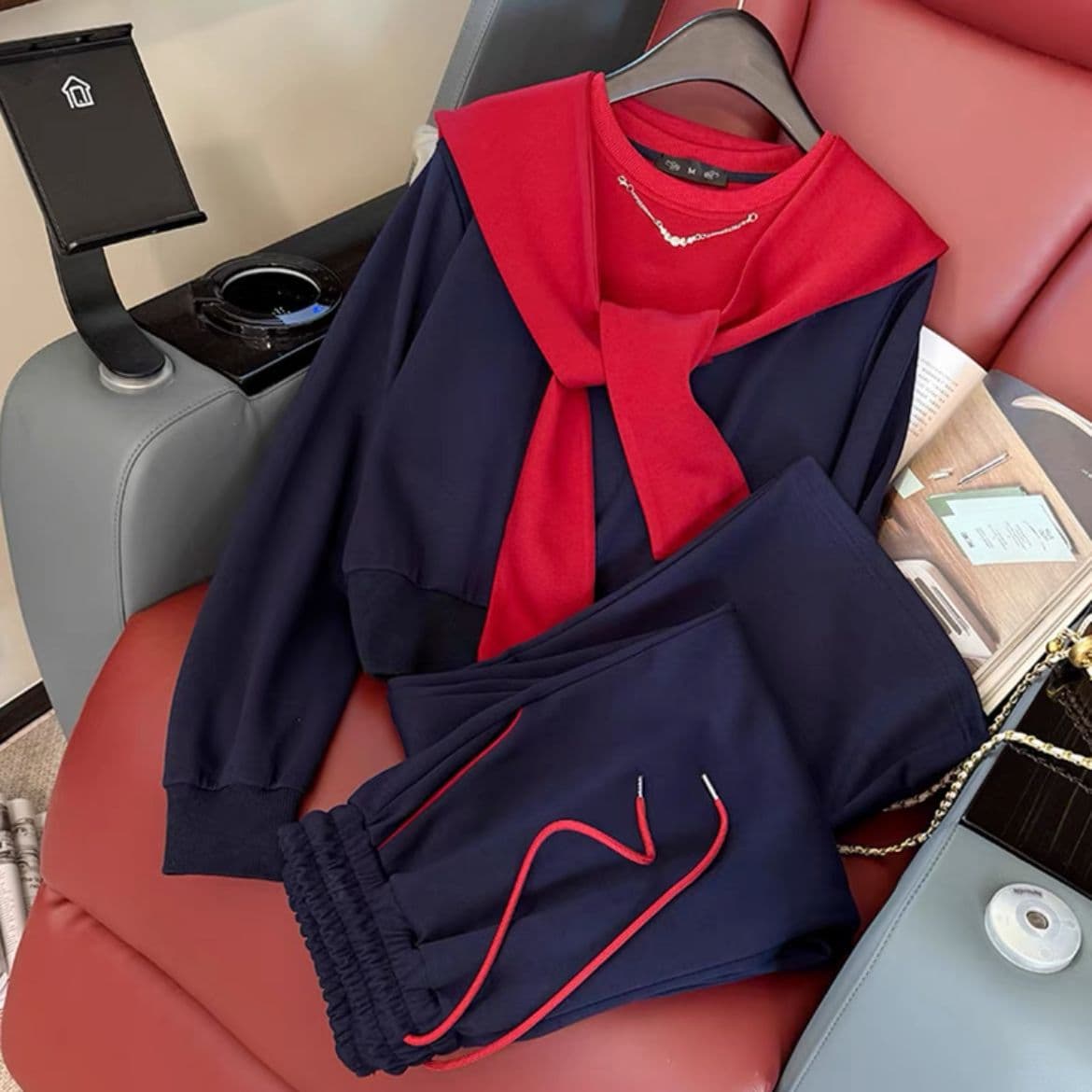 Women's Clothing High End Casual Sports Suit For Women Spring And Autumn New Loose And Fashionable Dark Blue Sweater Two Piece Suit